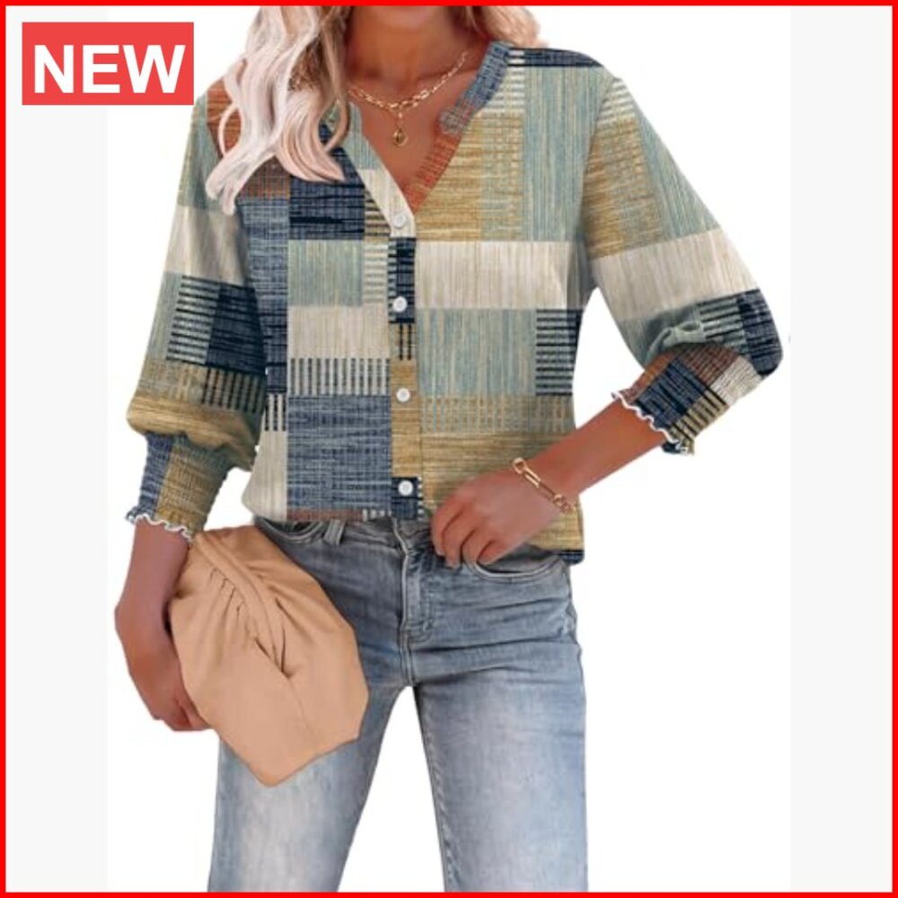 Polyester Blend 3/4 Sleeve Button Down Shirt V-Ne… - image 2